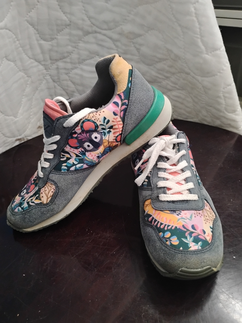 inkkas Gray Sneakers with Pink and Teal Floral Panels Size 7